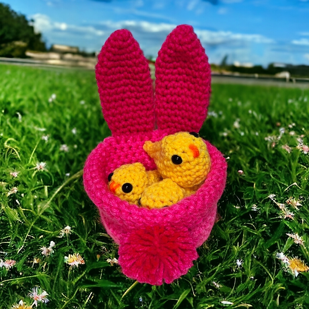 Handmade Crochet Easter Bunny Basket with Chickadees Set